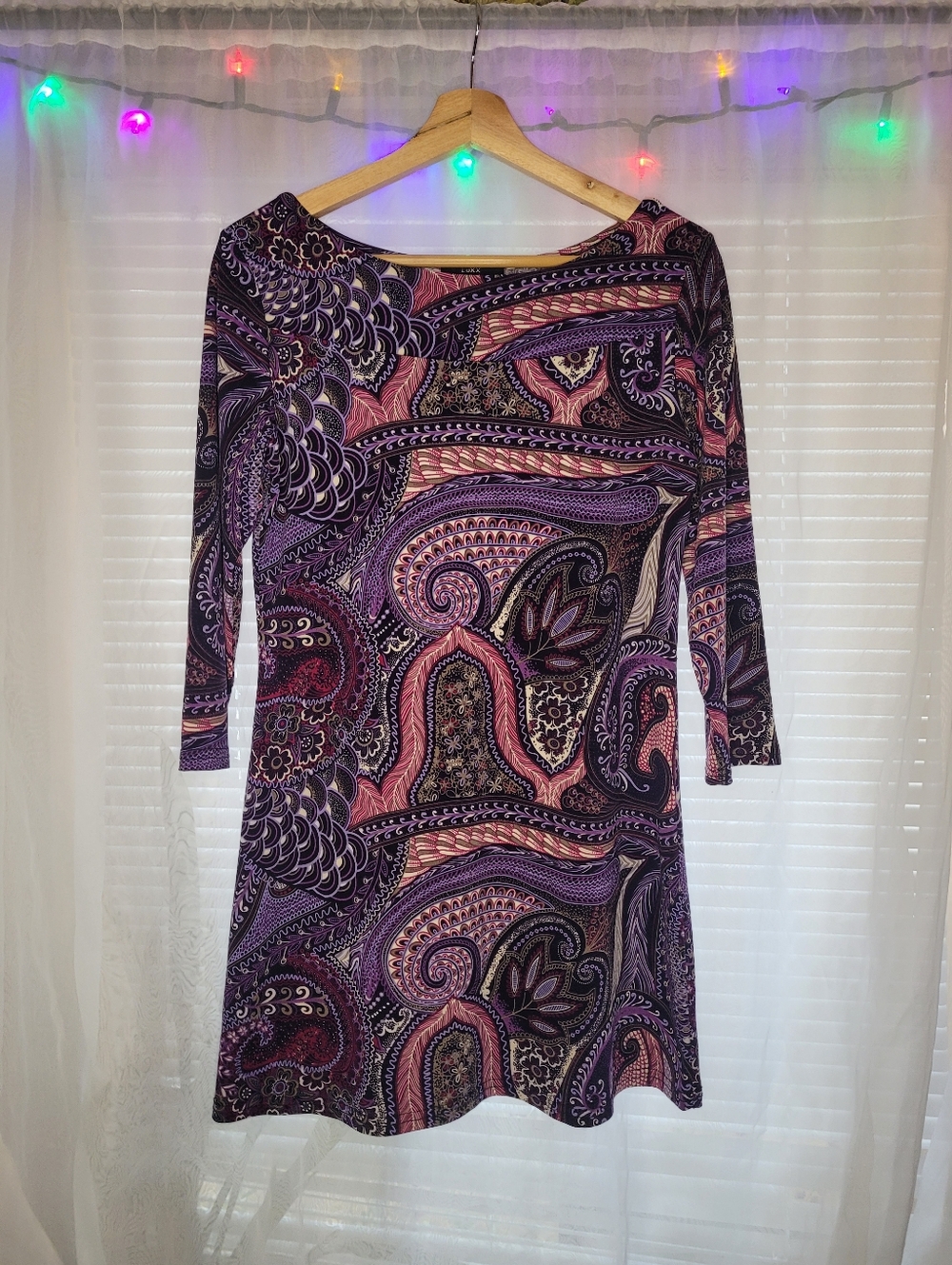 Luxx Purple Paisley Shift Dress Mini Medium Boho 3/4 Sleeve Unique Fae Vibes